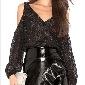 L'Academie V Neck Shoulder Top in Black Fringe